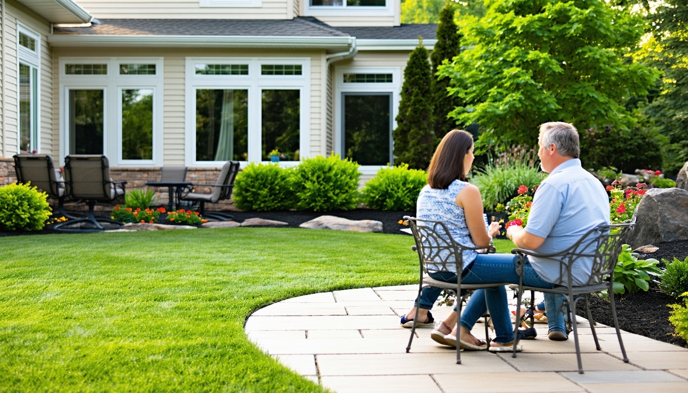 Homeowners discussing landscaping ideas