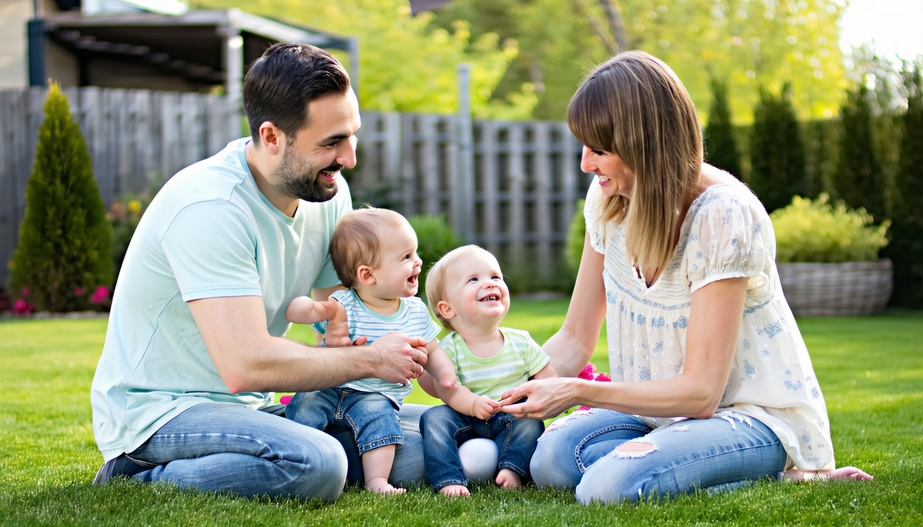 A happy family enjoying a well-maintained backyard