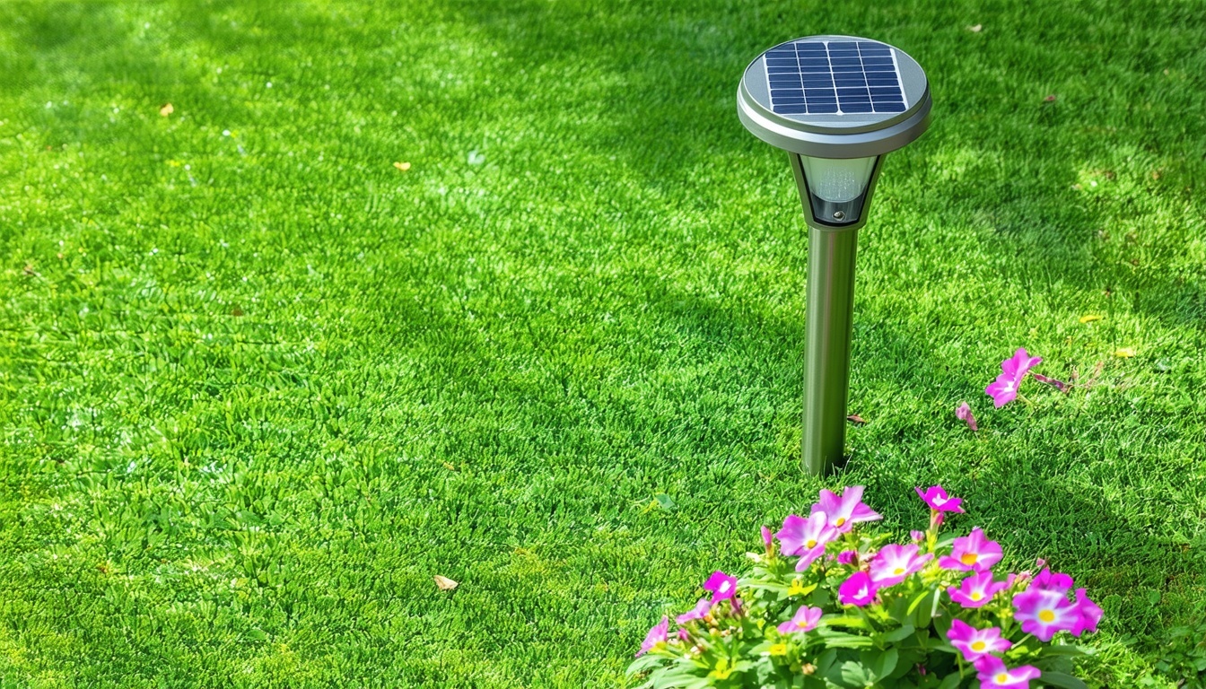 A lush, green lawn with blooming flowers and a sol